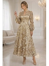 voordelige Enkel Lengte-A-lijn Tot de enkel Kanten jurk Moeder van de bruid jurk Lange mouw V-hals Elegant Vintage Luxueus Formeel Bruiloft gast Bruiloft Kant Tule met 3D-bloemen Borduurwerk Bloem
