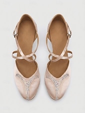 abordables Ballroom Shoes &amp; Modern Dance Shoes-Women's Light Pink Rhinestone Satin Ballroom Dance Shoes – Closed Toe Dance Heels with Crystal Accents &amp; with Cross Straps for Waltz, Foxtrot, Tango &amp; Social Dancing