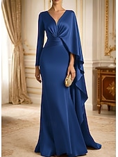 economico Abiti da sera a tubino-Tubino Colonna Strascico a Terra Abito da Sera Abito formale Elegante Stile Celebrità Setoso Senza Maniche Scollo a V Matrimonio Formale Mantelle Raso con Pieghe Arricciato Volant