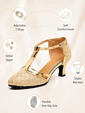economico Scarpe da ballo di sala e danza moderna-Scarpe da ballo latino da donna con cinturino a T e glitter dorati, scarpe con tacco basso per balli da sala, salsa e tango.