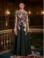 cheap A-Line Evening Dresses-A-Line Floor Length Evening Gown Elegant Vintage Floral 3/4 Length Sleeve Boat Neck Garden Party Wedding Satin Tulle with Embroidered Flower Pleats Embroidery