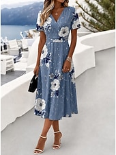 economico Abiti casual floreali-Per donna Abito Midi Abito a Tubino Vacanza Casual Boho Quotidiano Abito Estivo Abito Primaverile Vestibilità regolare Floreale Grafico Foglia Manica Corta Scollo a V Blu Bianco Verde chiaro Verde