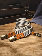 billiga Herrbälten-herr vintage randiga elastiska hängslen justerbara polyesterhängslen med läderflikar, klassiska y-formade hängslen för business casual, bröllop, resor, retro gentlemanstil