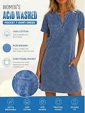 economico Vestito bianco-Per donna Abito al ginocchio Abito lavato 100% cotone Essenziale Classico Quotidiano Vacanza Vestibilità regolare Semplice Manica Corta Girocollo Blu Estate Primavera