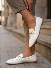 baratos Women's Slip-Ons &amp; Loafers-Women's White Horsebit Loafers, Classic Square-Toe Slip-On Flat Shoes for Office Work, Business Casual, Commuting &amp; Everyday Wear