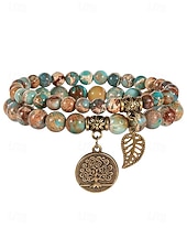 economico Bracciale da donna-Set di braccialetti da donna bohémien a strati con perline di pietra naturale, albero della vita e ciondoli a forma di foglia, gioielli da polso impilabili multicolore in 2 pezzi per l'uso quotidiano,