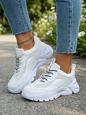 preiswerte Damen-Sneaker-Weiße, klobige Plateau-Sneaker für Damen mit atmungsaktivem Mesh-Obermaterial – leichte, gepolsterte Laufschuhe, bequeme Schnürschuhe im Dad-Stil für Reisen, Shopping, Spaziergänge und