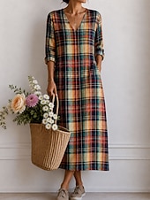  Women's Midi Dress Sundress Casual Dress A Line Dress Vacation Stylish Casual Holiday Regular Fit Graphic Geometric Long Sleeve V Neck Red Purple Orange Summer Spring