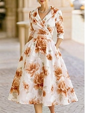 baratos Comprimento do chá-Linha A Longuette Vestido de festa Vestido Coquetel Vestido de convidada de casamento Vestido Para Mãe dos Noivos Manga 3/4 Decote V Colarinho de Camisa Elegante Vintage Formal Organza Jacquard com