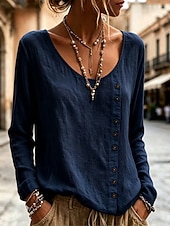  Women's Shirt Blouse Buttons Solid Color Daily Stylish Casual Long Sleeve Crew Neck Regular Tops Casual yellow-green Black White Navy Blue Sky Blue Summer Spring