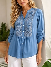 economico Bluse Semplici-Per donna Blusa Pizzo Tinta unica Vintage Elegante Casual Manica Lunga Scollo a V Top Regolari Casuale Quotidiano Blu Estate Primavera