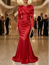 cheap Mermaid Evening Dresses-Mermaid Trumpet Floor Length Evening Gown Elegant Empire Waist Evening Long Sleeve High Neck Evening Party Wedding Stretch Satin with Pleats Solid Color