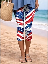  American Independence Day Women's Leggings Vacation Vintage Fashion Capris High WaistPants Graphic Flag Printing Print Comfort Soft Breathable Stretchy Casual Daily Office Pink and Blue White / Red