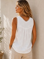 economico Top in Pizzo-Per donna Camicia Bordo in pizzo Tinta unica Elegante Bohemien Vacanza Senza Maniche Manica 3/4 Scollo a V Top Regolari Casuale Quotidiano Ferie Bianco Estate Primavera