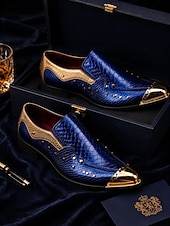 tanie Loafery-Męskie niebieskie, wyraziste buty wizytowe – eleganckie obuwie ze szpiczastym noskiem i wytłoczonym wzorem imitującym skórę krokodyla – modne buty dla dżentelmenów na imprezy, bankiety, wesela i wieczorne wydarzenia