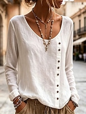  Women's Shirt Blouse Buttons Solid Color Daily Stylish Casual Long Sleeve Crew Neck Regular Tops Casual yellow-green Black White Navy Blue Sky Blue Summer Spring