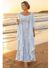  A-Line Ankle Length Lace Dress Mother of the Bride Dress Long Sleeve Scoop Neck Elegant Vintage Formal Wedding Guest Wedding Party Chiffon Lace with Ruffles Embroidery Cascading Ruffles