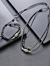 preiswerte Heren sieraden-Men's Bohemian Necklace and Bracelet Set, Black Leather Beaded Jewelry, Antique Metal Accents, Summer Casual Accessory for Men, Perfect for Vacation, Festival, Daily Wear, Multiple Uses