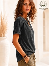  Per donna 100% cotone Maglia Henley Grafico Bandiera Semplice Vintage Moda Elegante Manica Corta Henley Top Regolari Casuale Spiaggia Blu Nero Viola Arancione Rosso rosa Estate Primavera