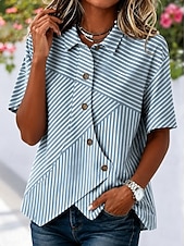 abordables Blusas a rayas y geométricas-Women's Shirt Patchwork Striped Bohemia Vacation Daily Sleeveless Turndown Long Tops Casual Blue Black Yellow Pink Green Summer Spring