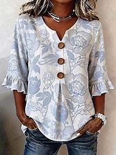economico Bluse Floreali-Per donna Camicia Bottoni Stampato Floreale Grafico Vintage Elegante Manica 3/4 Scollo a V Top Regolari Casuale Quotidiano Ferie Rosso Azzurro Estate Primavera