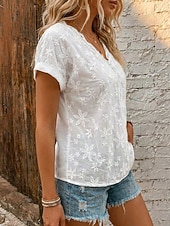  Per donna Top con cuciture in pizzo Tessuto Patchwork Bordo in pizzo Elegante Manica Corta Manica a pipistrello Scollo a V Casuale Bianco Estate Primavera