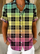  Mulheres Camisa Social Botões Imprimir Gráfico Xadrez Vintage Diário à moda Manga Curta Colarinho de Camisa Tops regulares Casual Diário Rosa Verde Verão Primavera