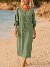 cheap Plain Dress-Women's Midi Dress Beach Dress Elegant Vacation Fashion Daily Outdoor Beach Loose Fit Plain Short Sleeve V Neck Neon Green Black Yellow Army Green Spring
