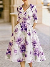 baratos Comprimento do chá-Linha A Longuette Vestido de festa Vestido Coquetel Vestido de convidada de casamento Vestido Para Mãe dos Noivos Manga 3/4 Decote V Colarinho de Camisa Elegante Vintage Formal Organza Jacquard com