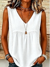abordables Chemises-Femmes Chemise Chemises en coton et lin Couleur Unie Uni Bohème ancien Mode Sans manches Col en V Hauts Longs Occasionnel Bleu Blanche Jaune Été Printemps