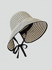 cheap Women's Hats-Women's Striped Foldable Sun Hat, Wide Brim Polyester Beach Hat for Women, Packable Summer Travel Vacation Cap, Elegant UV Protection Hat