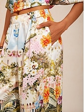 abordables Pantalons-pantalon large en satin à motif floral pastel