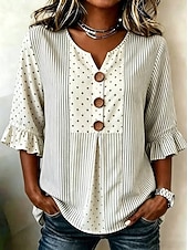 abordables Art &amp; Design Blouses-Femmes Chemise Patchwork Boutons Imprimé A Ombre Graphique ancien Élégant Manche 3/4 Col en V Hauts Longs Occasionnel Quotidien Fête Bleu Marron Beige Grise Été Printemps
