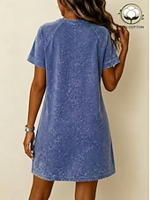 cheap Plain Dress-Women's 100% Cotton T Shirt Dress Washed Dress Loose Fit Plain Short Sleeve Crew Neck Knee Length Dress