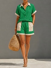 abordables Ensembles-Femmes Ensembles en coton et lin Ensembles deux pièces Manche Courte Col de chemise Patchwork ancien Occasionnel Quotidien Kaki Vert Été Coupe Ample