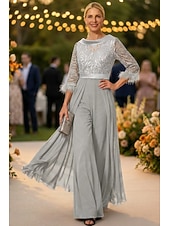 economico Tute della mamma-Tuta Completo Pantalone Lunghezza al pavimento Abito da cerimonia per signora Mezza Manica Collo gioiello Elegante Vintage Ospite di nozze Chiesa Chiffon con Piuma Paillettes Applicazioni