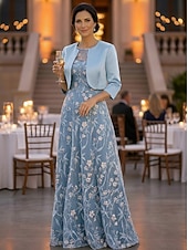 economico Set di abiti per la mamma-Due Pezzi Linea ad A Lunghezza al pavimento Abito da invitata a nozze Abito da cerimonia per signora Manica Corta Manica 3/4 Scollo a Barca Elegante Semplice Lussuoso Formale Ospite di nozze Raso