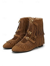 abordables Donne-Women's Brown Suede Festival Boots - Flat Boho Fringe Ankle Boots with Triple Buckle Straps for Coachella Rave &amp; Country Music Concert