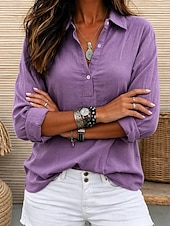  Women's Linen-feel Shirts Blouse Faux Linen Shirt Buttons Solid Color Stylish Casual 3/4 Length Sleeve V Neck Regular Tops Daily White Light Green Pink Purple Summer Spring Fall