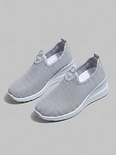 abordables Zapatillas de mujer-Zapatillas de mujer grises transpirables de malla, sin cordones, para caminar: zapatillas ligeras con cuña para viajar, pasear en verano y para uso casual.