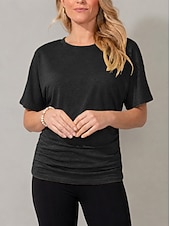 cheap Plain tee-Women's T Shirt Tee Top Ruched Plain Stylish Short Sleeve Batwing Sleeve Crew Neck Regular Tops Casual Daily Going out Black Yellow Pink Purple Green Summer Spring