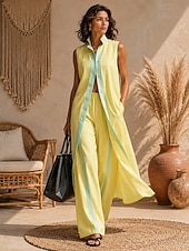  Per donna Set di Pantaloni Senza Maniche Colletto a Camicia Blocco di colori Patchwork Bohemien Casuale Quotidiano Giallo Rosa Azzurro cielo Primavera & Estate Vestibilità comoda