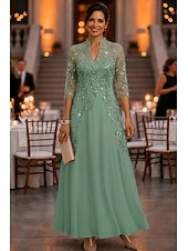 cheap Ankle Length-A-Line Ankle Length Mother of the Bride Dress 3/4 Length Sleeve V Neck Elegant Vintage Luxurious Formal Wedding Guest Wedding Party Chiffon Tulle with Beading Sequin Flower