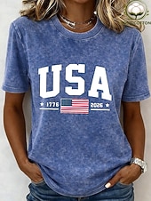 día de la independencia americana Mujer 100% Algodón Camiseta Tops lavados estilo vintage Estampado Graphic Bandera Elegante Básico Casual Manga Corta Cuello Barco Tops largos Casual Diario Azul