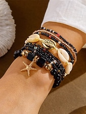 baratos Pulseira Feminina-Conjunto de pulseiras femininas boho em camadas com 8 peças, pingente de estrela-do-mar e concha, em liga dourada, multifilamento, perfeitas para usar na praia, férias de verão e viagens.