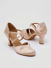 abordables Ballroom Shoes &amp; Modern Dance Shoes-Women's Light Pink Rhinestone Satin Ballroom Dance Shoes – Closed Toe Dance Heels with Crystal Accents &amp; with Cross Straps for Waltz, Foxtrot, Tango &amp; Social Dancing