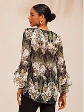 economico Bluse Floreali-Top in chiffon svolazzante con stampa floreale mandala verde.