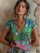 ieftine tricou floral-Pentru femei Tricou Imprimeu Floral Grafic Stilat Clasic Casual Manșon scurt În V Topuri obișnuite Casual Zilnic Albastru piscină Galben Roșu-aprins Mov Trifoi Vară Primăvară