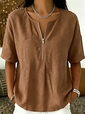  Mulheres Camisa Social Blusa Zíper Côr Sólida Elegante Férias Moda Manga Curta Colarinho de Camisa Tops regulares Casual Azul cor laranja Preto Rosa Vermelho Verão Primavera