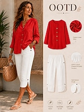 economico Camicie-Camicie da donna in lino, blusa con bottoni, tinta unita, casual, maniche a 3/4, scollo a V, top classici, nero, bianco, rosso, arancione, verde, estate, primavera, autunno